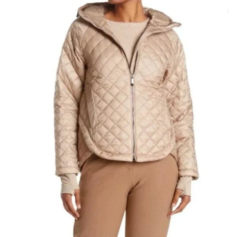 Quilted Hooded Zip Front Jacket Coat Light Tan Champagne